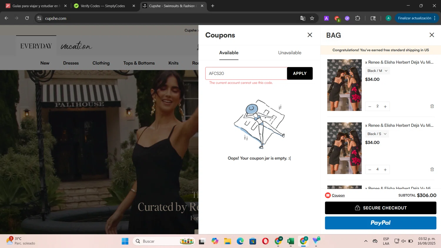 Cupshe coupon code screenshot showing code AFCS20 applied at Cupshe checkout page. Uploaded by SimplyCodes community member CouponSentinel181 on Aug 16, 2025