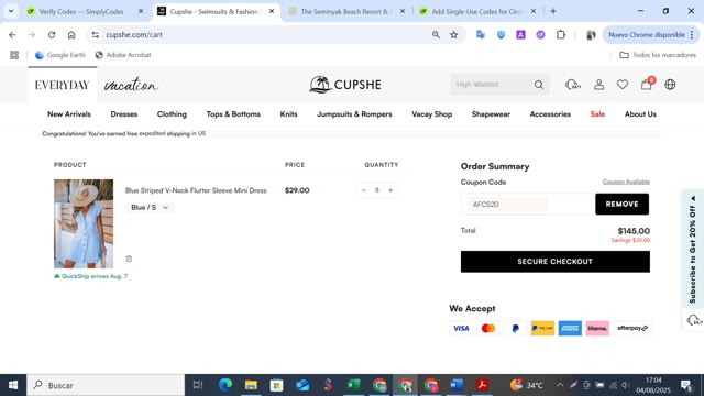 Cupshe checkout page showing Cupshe coupon code box | Screenshot taken by SimplyCodes community member on Aug 4, 2025