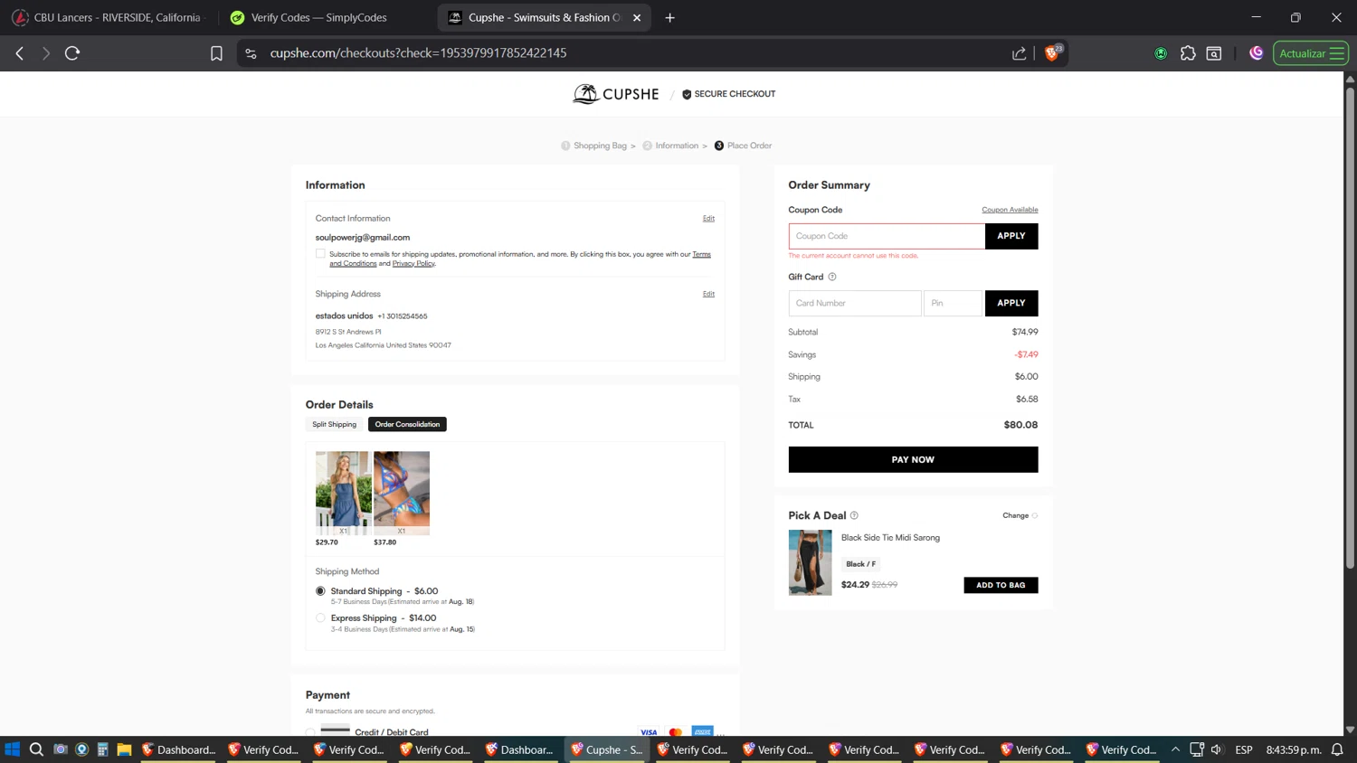 Cupshe coupon code screenshot showing code AFCS20 applied at Cupshe checkout page. Uploaded by SimplyCodes community member Phoenix on Aug 9, 2025