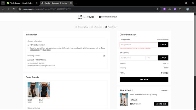Cupshe checkout page showing Cupshe coupon code box | Screenshot taken by SimplyCodes community member on Jul 31, 2025