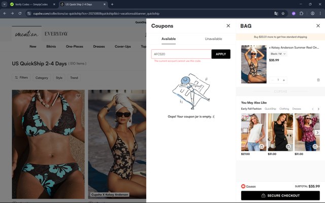 Cupshe checkout page showing Cupshe coupon code box | Screenshot taken by SimplyCodes community member on Aug 12, 2025