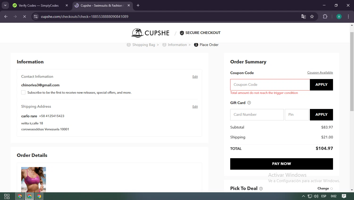 Cupshe coupon code screenshot showing code AFCS10 applied at Cupshe checkout page. Uploaded by SimplyCodes community member CarlOz on Feb 1, 2025