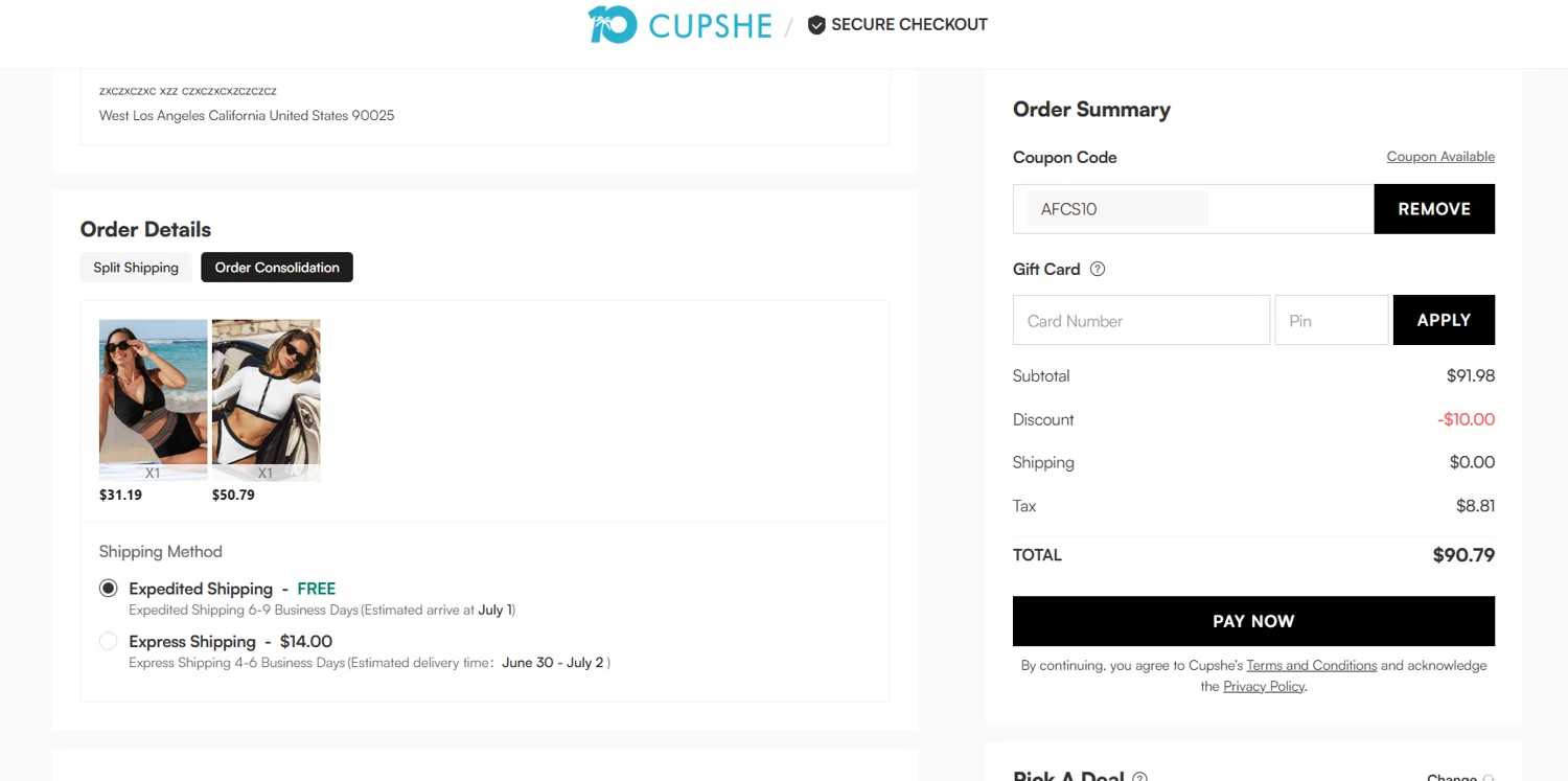 Cupshe coupon code screenshot showing code AFCS10 applied at Cupshe checkout page. Uploaded by SimplyCodes community member Lioniel on Jun 25, 2025