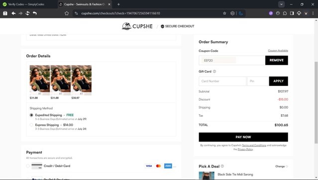 Cupshe checkout page showing Cupshe coupon code box | Screenshot taken by SimplyCodes community member on Jul 20, 2025