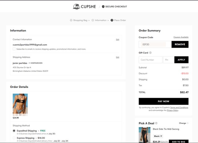 Cupshe checkout page showing Cupshe coupon code box | Screenshot taken by SimplyCodes community member on Jul 18, 2025