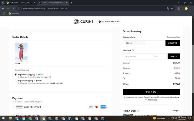 Cupshe checkout page showing Cupshe coupon code box | Screenshot taken by SimplyCodes community member on Jul 18, 2025