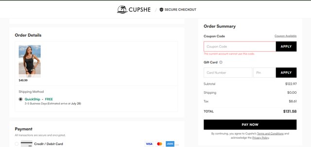 Cupshe checkout page showing Cupshe coupon code box | Screenshot taken by SimplyCodes community member on Jul 19, 2025