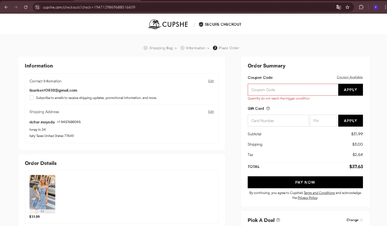 Cupshe coupon code screenshot showing code eef20 applied at Cupshe checkout page. Uploaded by SimplyCodes community member Yabriel007 on Jul 21, 2025