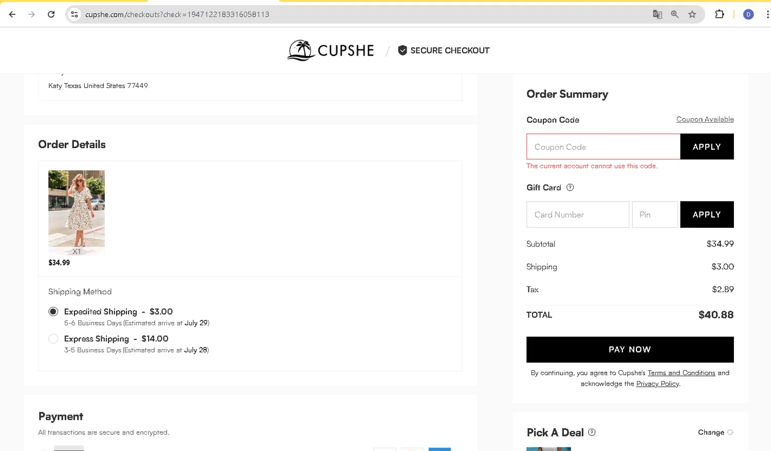 Cupshe coupon code screenshot showing code eef20 applied at Cupshe checkout page. Uploaded by SimplyCodes community member d566ty on Jul 21, 2025