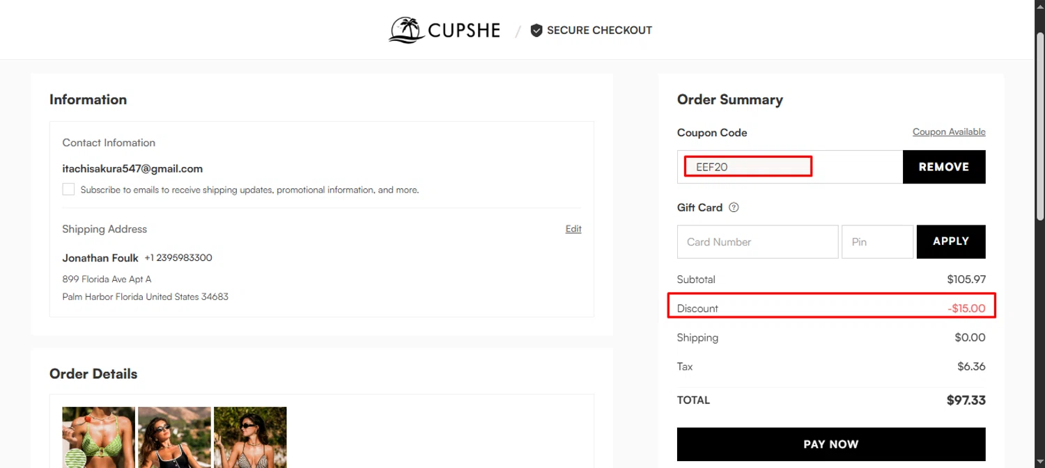 Cupshe coupon code screenshot showing code eef20 applied at Cupshe checkout page. Uploaded by SimplyCodes community member noworries on Jul 21, 2025