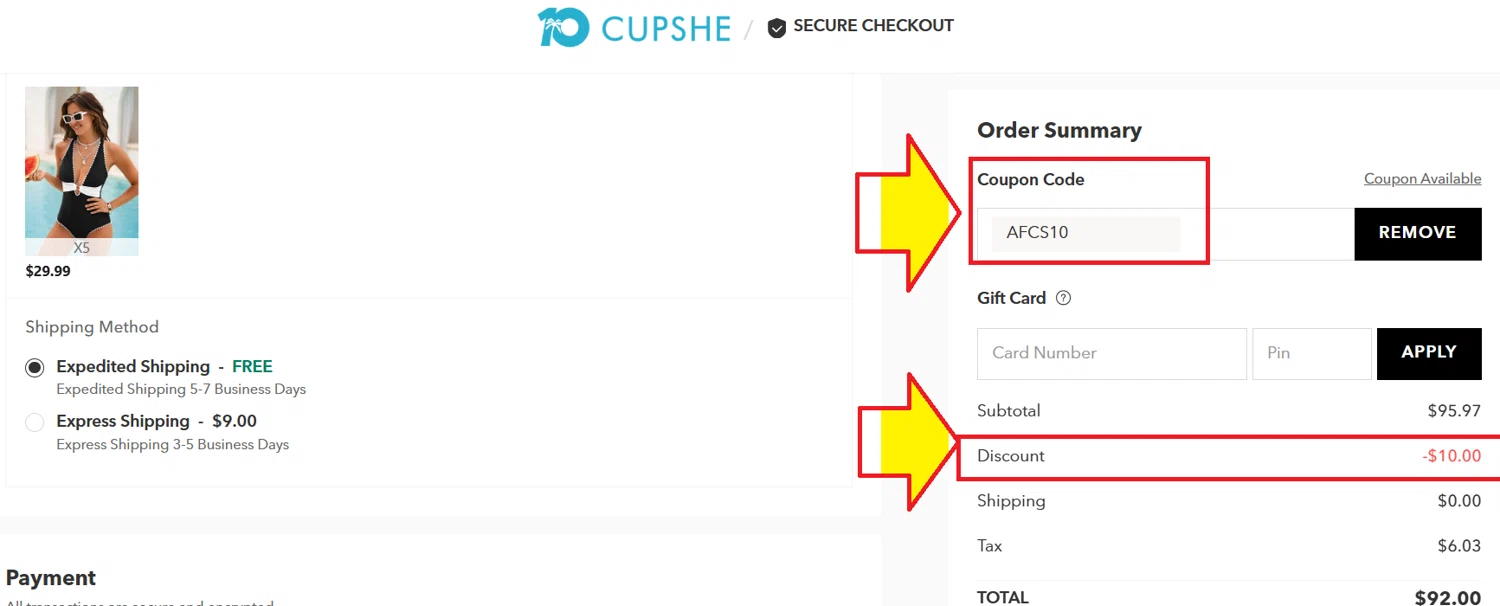 Cupshe coupon code screenshot showing code AFCS10 applied at Cupshe checkout page. Uploaded by SimplyCodes community member kattylar on Jun 16, 2025