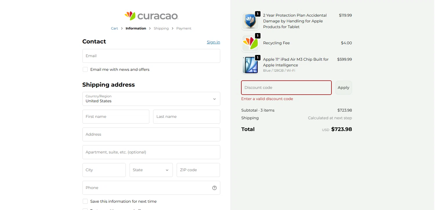 Curacao promo code screenshot showing code NOTAX applied at Curacao checkout page. Uploaded by SimplyCodes community member Alydrop on Jan 8, 2026