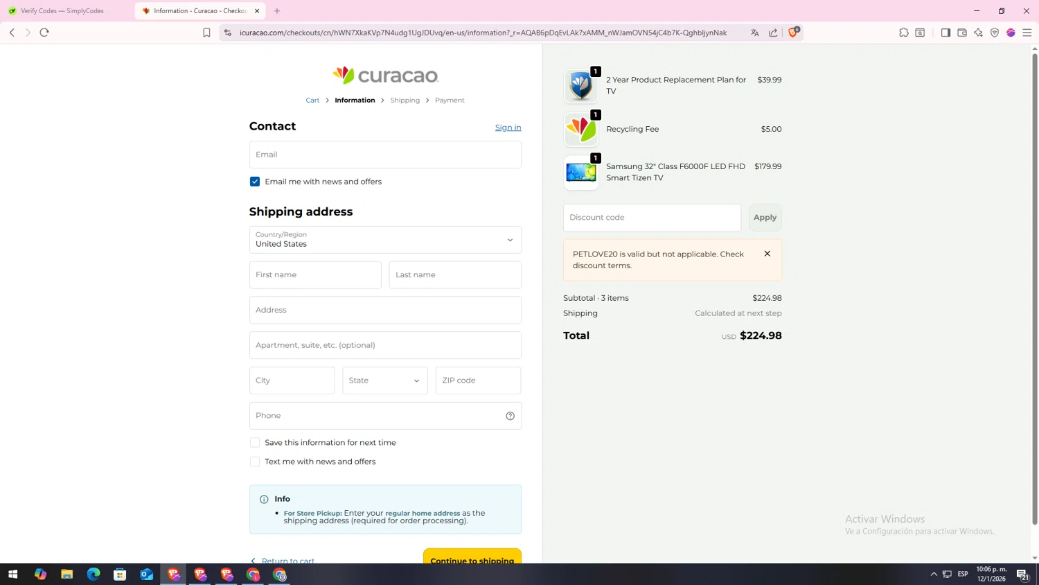 Curacao promo code screenshot showing code PETLOVE20 applied at Curacao checkout page. Uploaded by SimplyCodes community member CodeLynx5272 on Jan 13, 2026