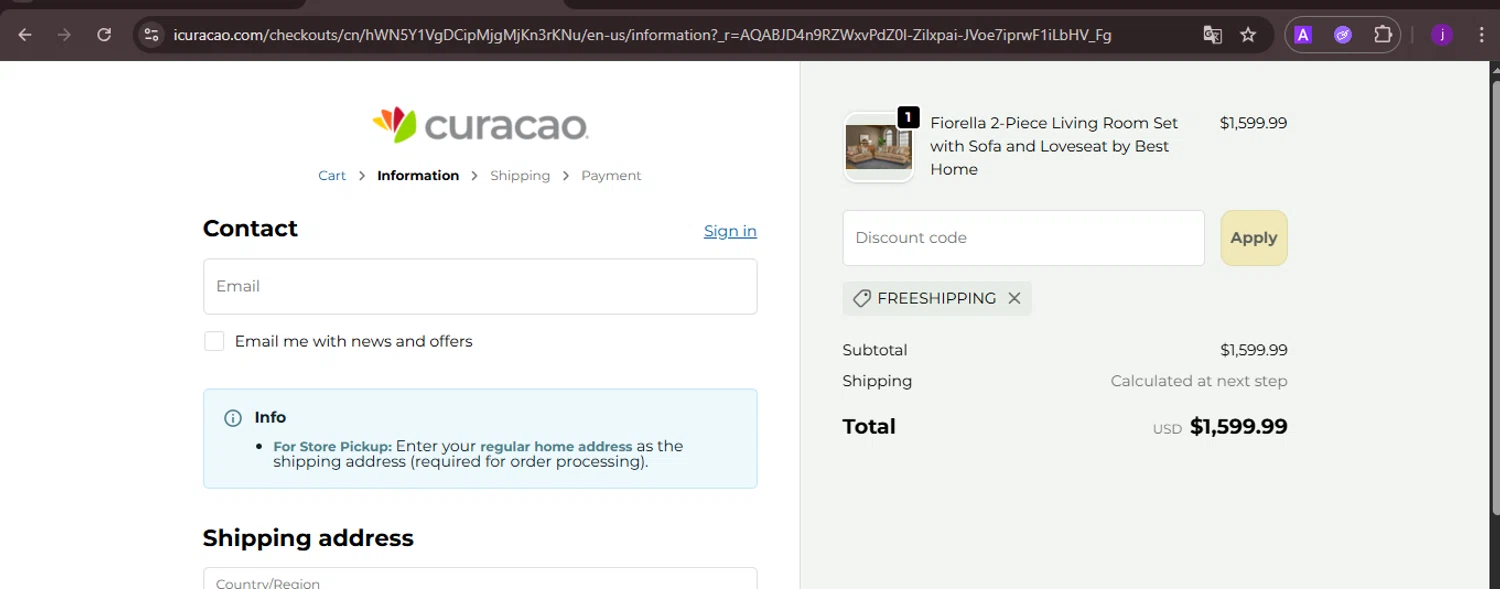 Curacao promo code screenshot showing code FREESHIPPING applied at Curacao checkout page. Uploaded by SimplyCodes community member CoinMaverick1452 on Nov 21, 2025