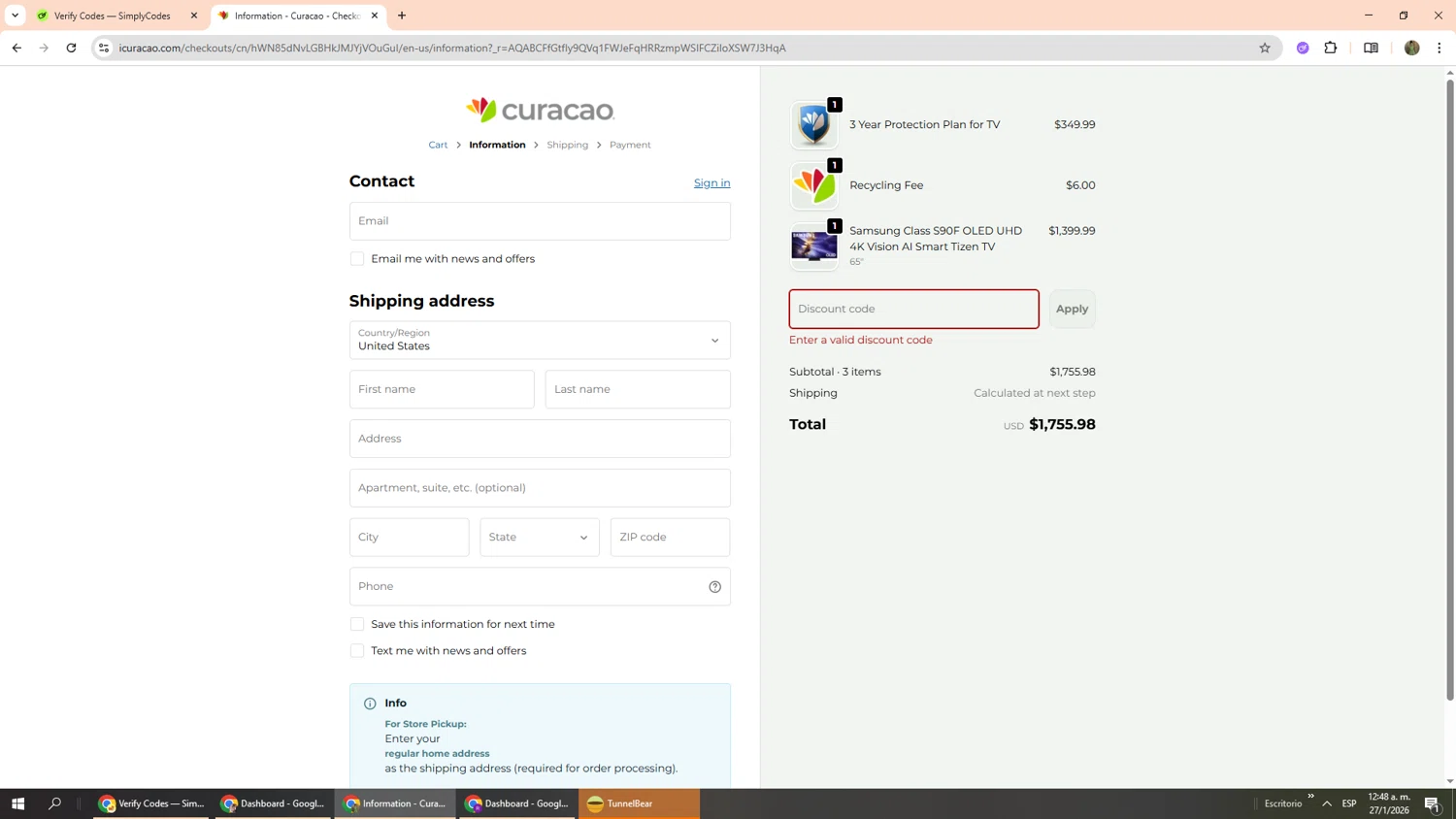 Curacao promo code screenshot showing code 175DEAL applied at Curacao checkout page. Uploaded by SimplyCodes community member Phoenix585 on Jan 27, 2026