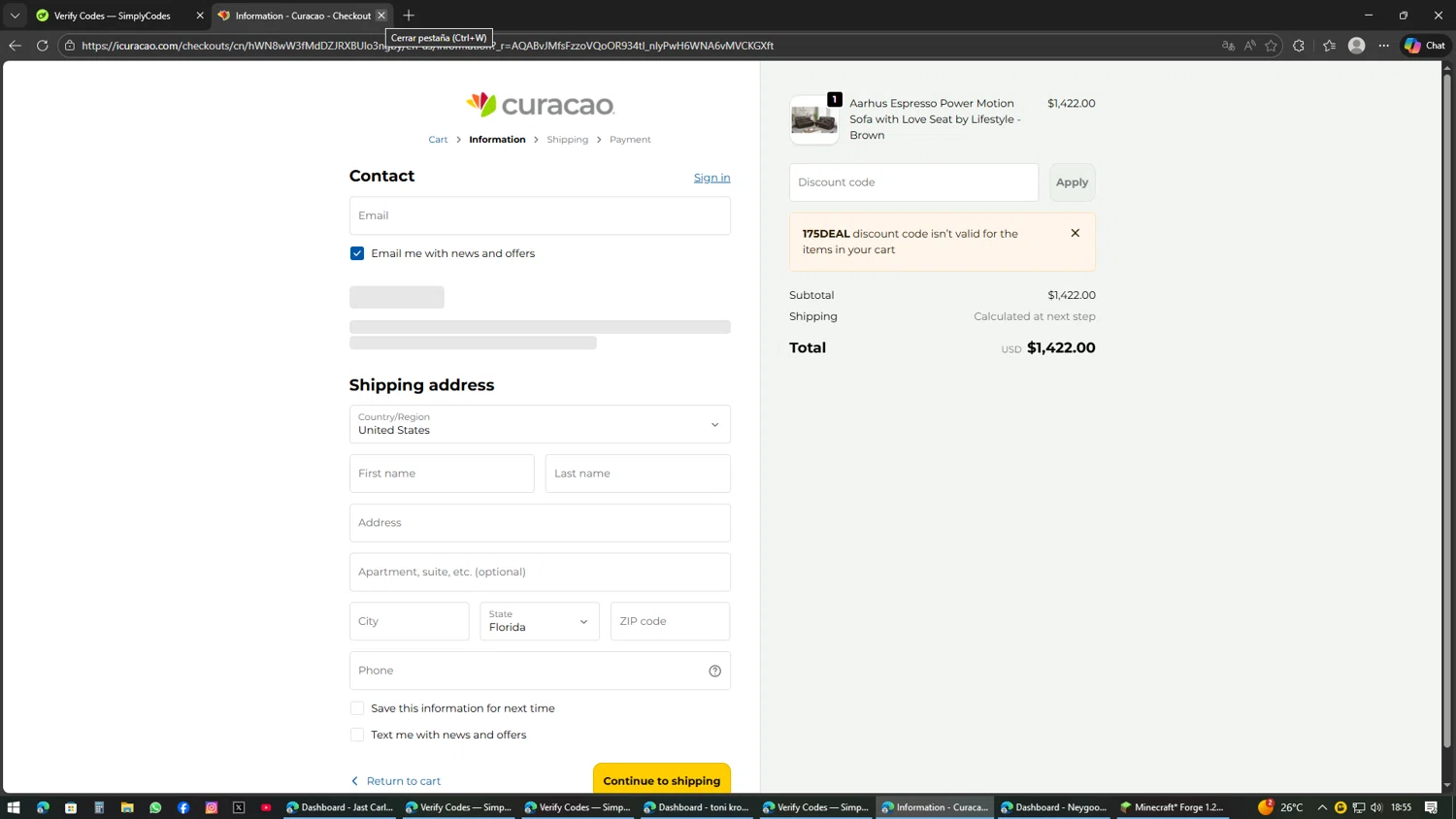 Curacao checkout page showing Curacao promo code box | Screenshot taken by SimplyCodes community member on Feb 18, 2026