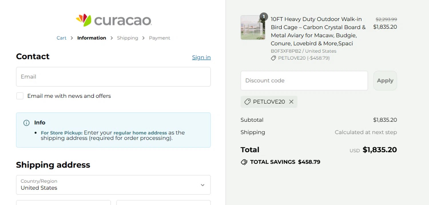 Curacao promo code screenshot showing code PETLOVE20 applied at Curacao checkout page. Uploaded by SimplyCodes community member aumentadax10 on Sep 13, 2025