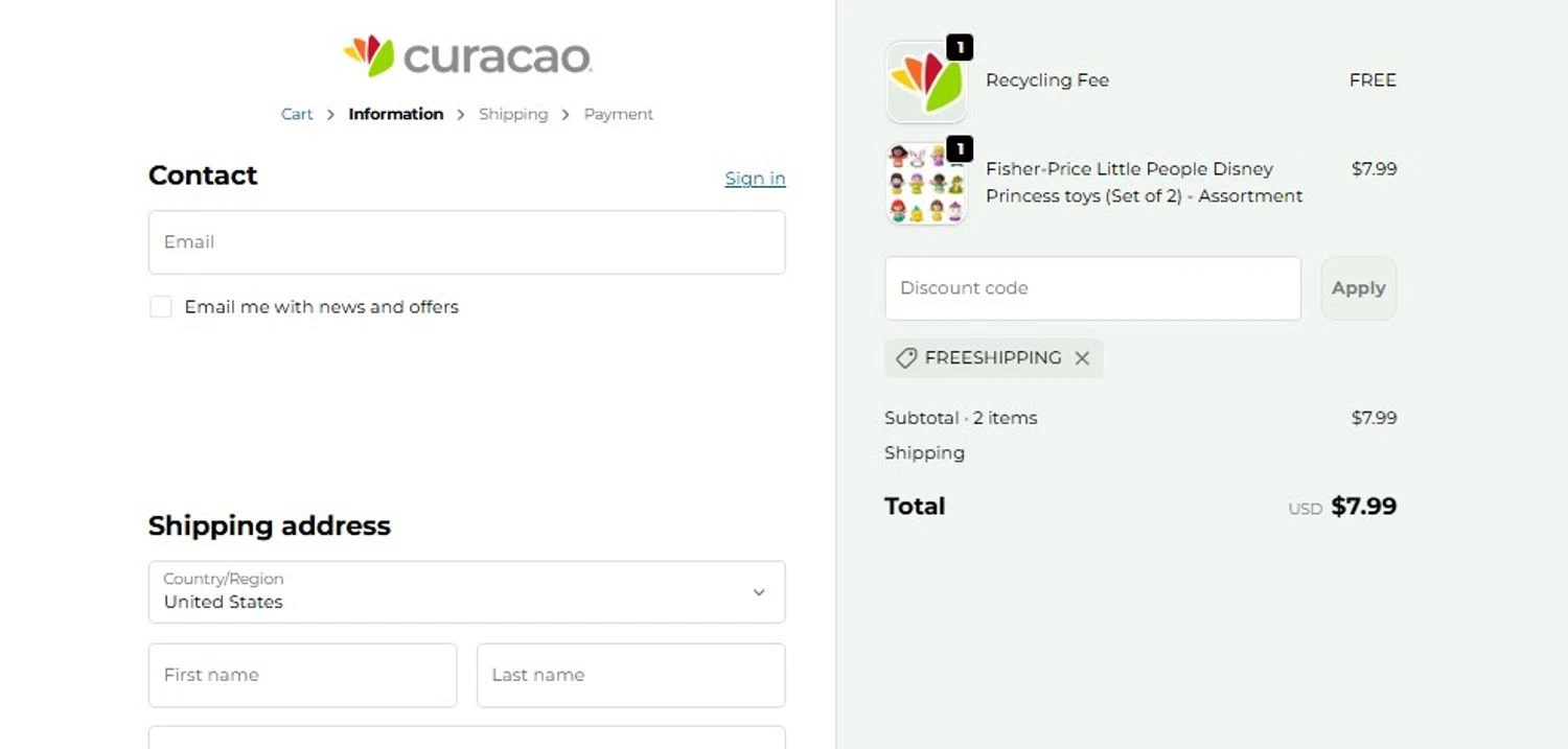 Curacao promo code screenshot showing code FREESHIPPING applied at Curacao checkout page. Uploaded by SimplyCodes community member frankrivero on Oct 30, 2025
