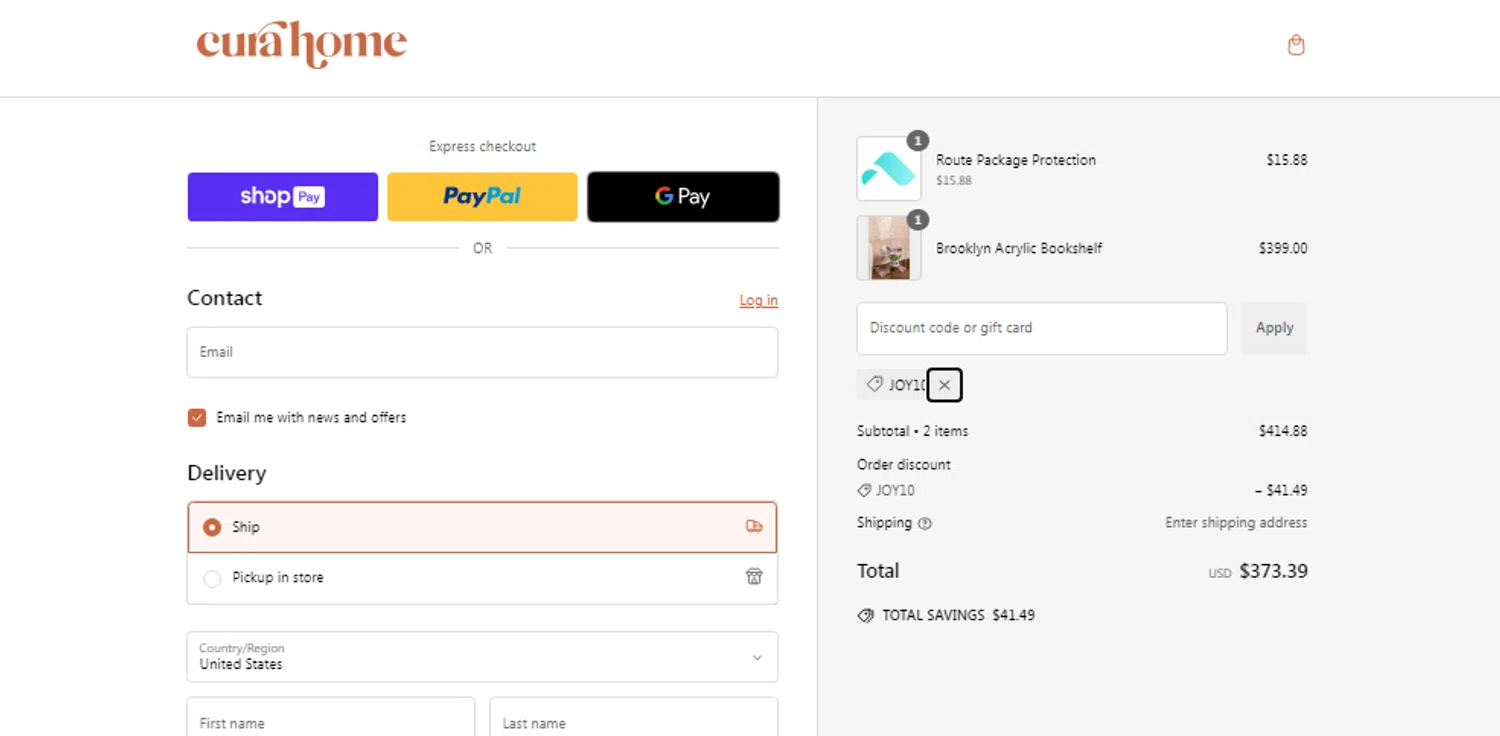 Cura Home discount code screenshot showing code JOY10 applied at Cura Home checkout page. Uploaded by SimplyCodes community member gabrieladrianza on Dec 27, 2024