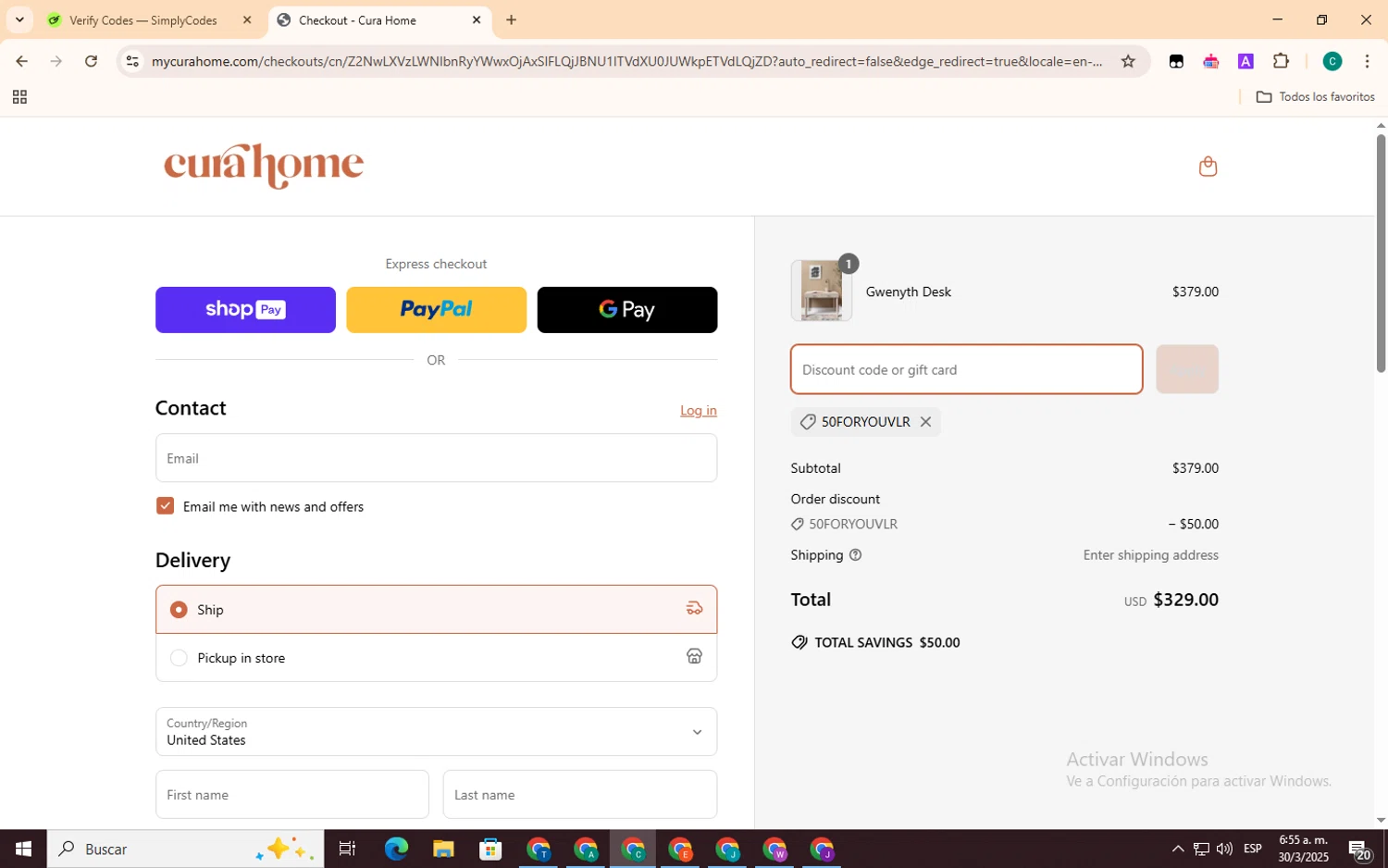 Cura Home discount code screenshot showing code 50foryouvlr applied at Cura Home checkout page. Uploaded by SimplyCodes community member EpicSpotter3493 on Mar 30, 2025
