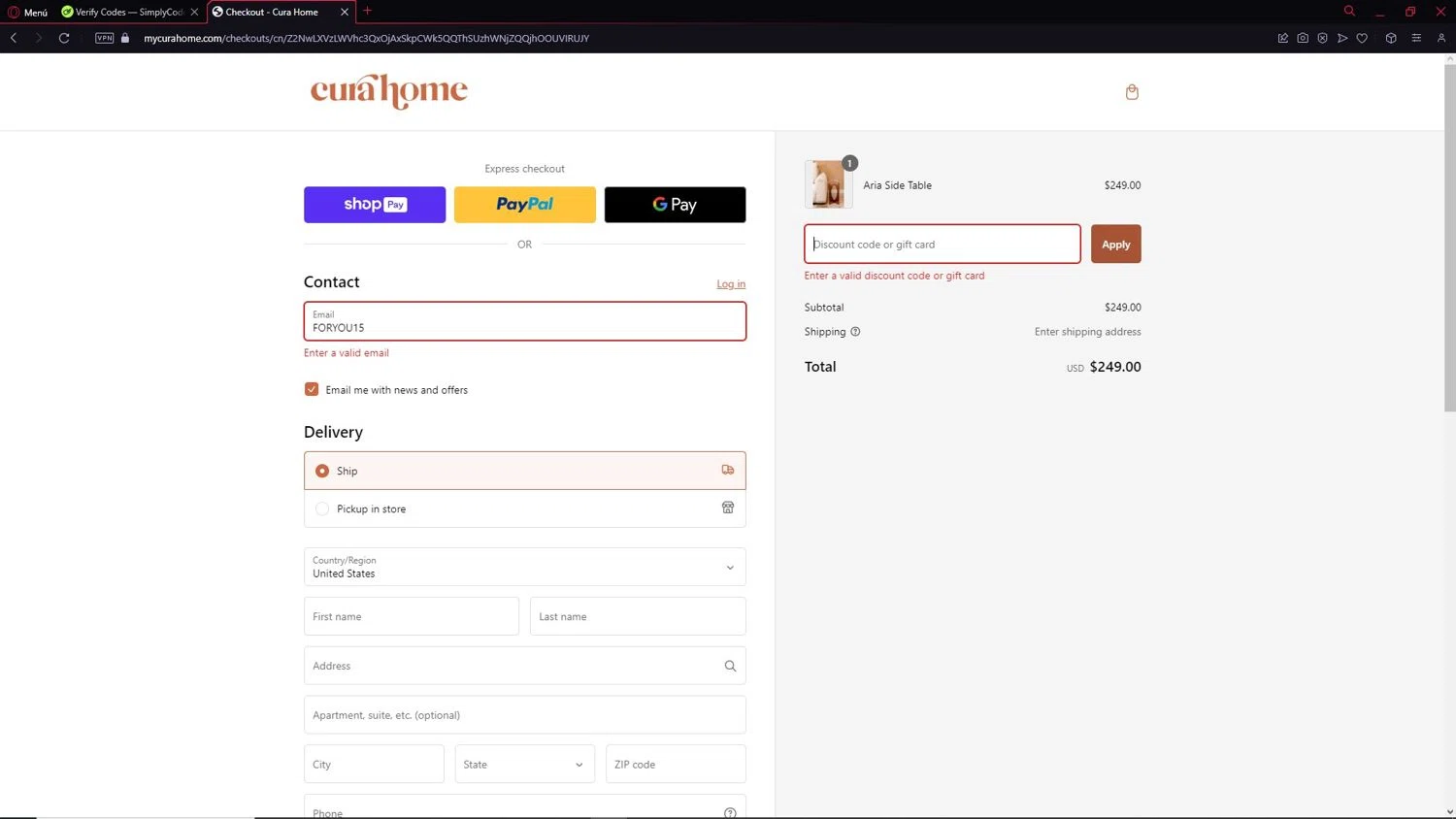 Cura Home discount code screenshot showing code FORYOU15 applied at Cura Home checkout page. Uploaded by SimplyCodes community member NobleCollector3799 on Jan 24, 2025
