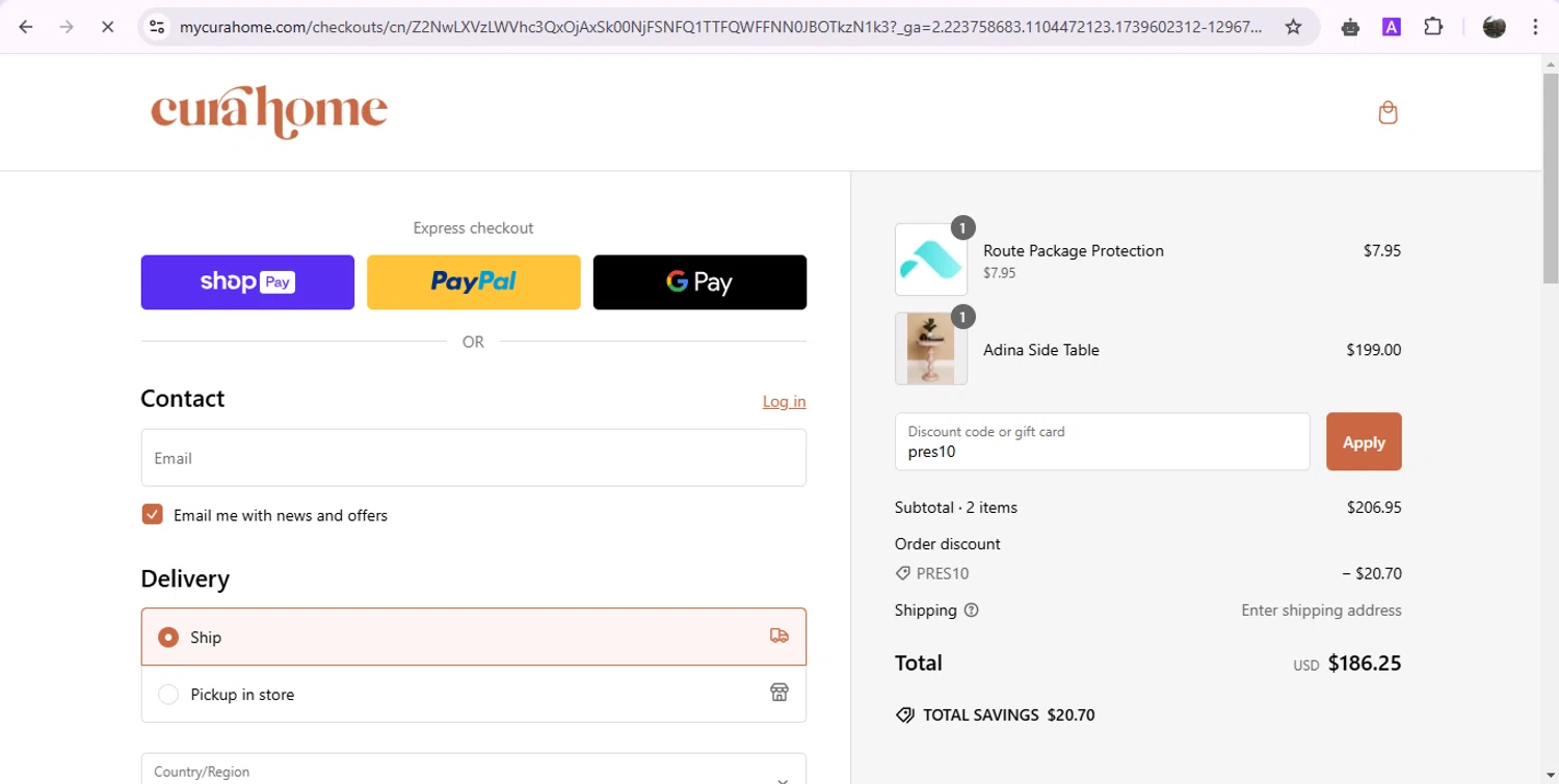 Cura Home discount code screenshot showing code pres10 applied at Cura Home checkout page. Uploaded by SimplyCodes community member JASTIFY on Feb 15, 2025
