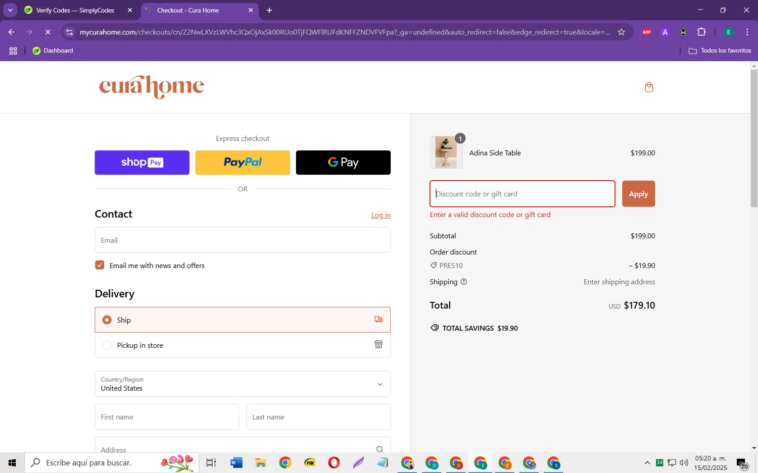 Cura Home discount code screenshot showing code pres10 applied at Cura Home checkout page. Uploaded by SimplyCodes community member RebateScholar429 on Feb 15, 2025