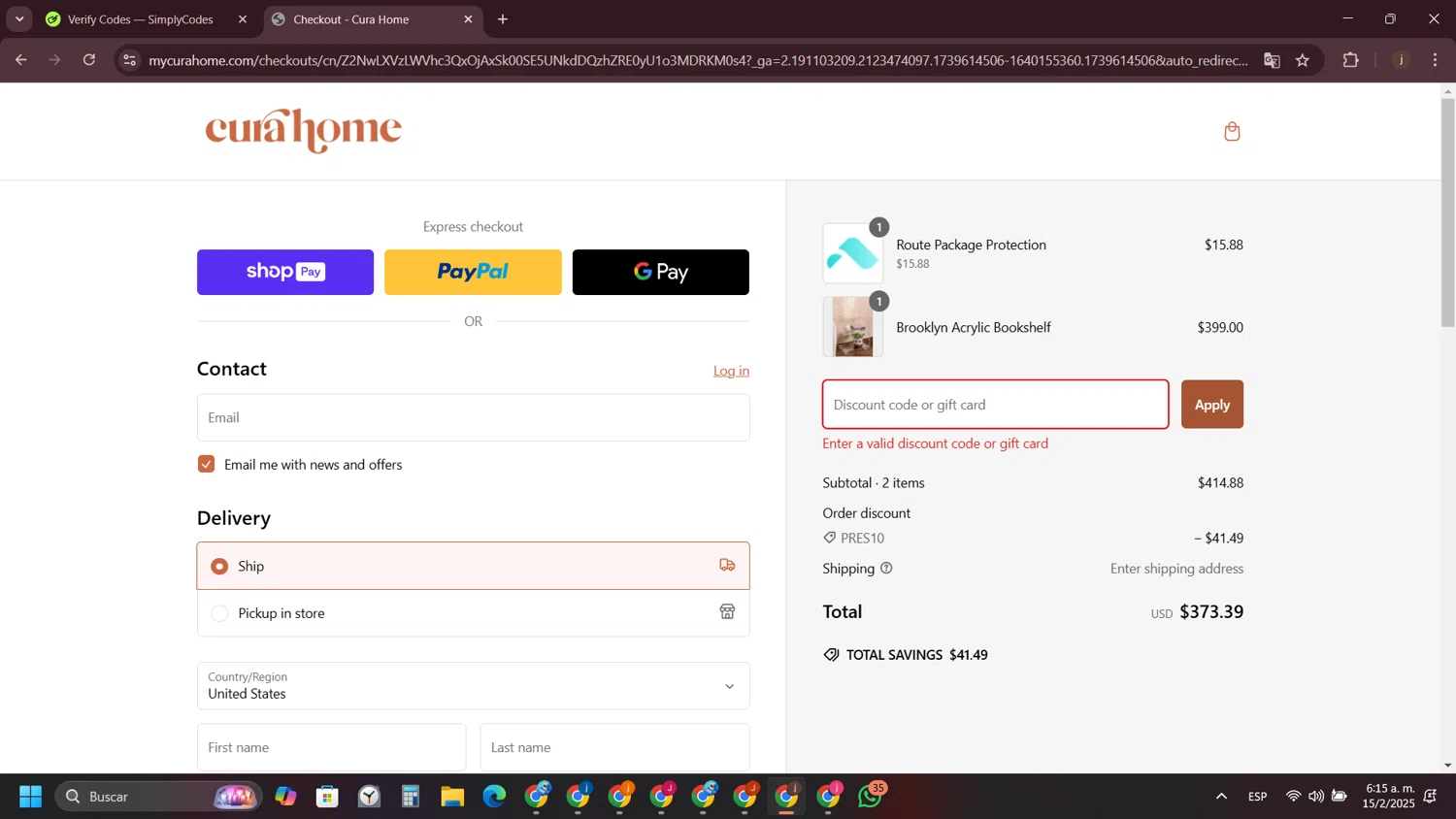 Cura Home discount code screenshot showing code pres10 applied at Cura Home checkout page. Uploaded by SimplyCodes community member VictoriousVirtuoso7711 on Feb 15, 2025