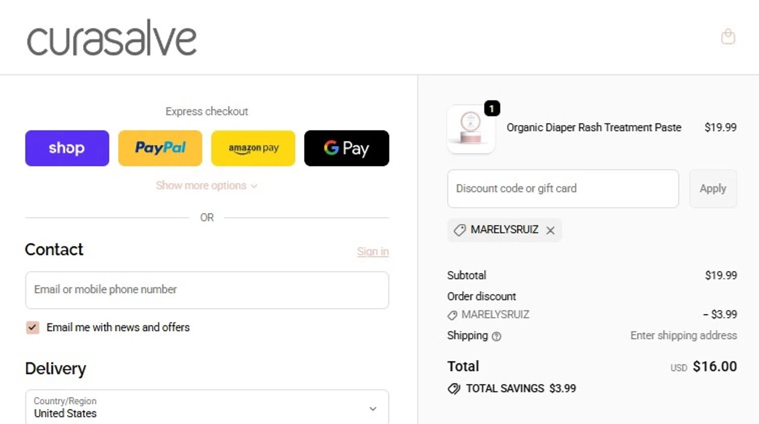 Curasalve promo code screenshot showing code MARELYSRUIZ applied at Curasalve checkout page. Uploaded by SimplyCodes community member mandrakke on Jun 8, 2026