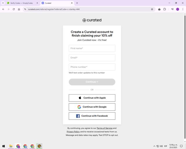 Curated checkout page showing Curated promo code box | Screenshot taken by SimplyCodes community member on Mar 25, 2025