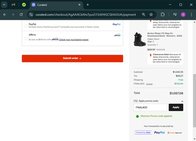 Curated checkout page showing Curated promo code box | Screenshot taken by SimplyCodes community member on Mar 5, 2025