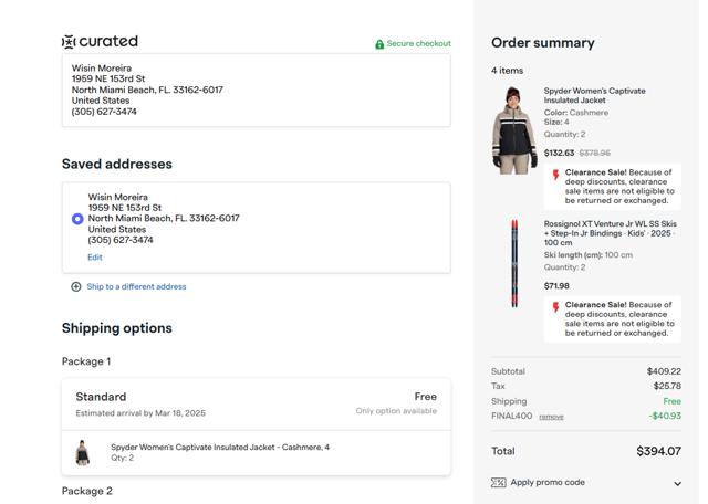 Curated checkout page showing Curated promo code box | Screenshot taken by SimplyCodes community member on Mar 5, 2025