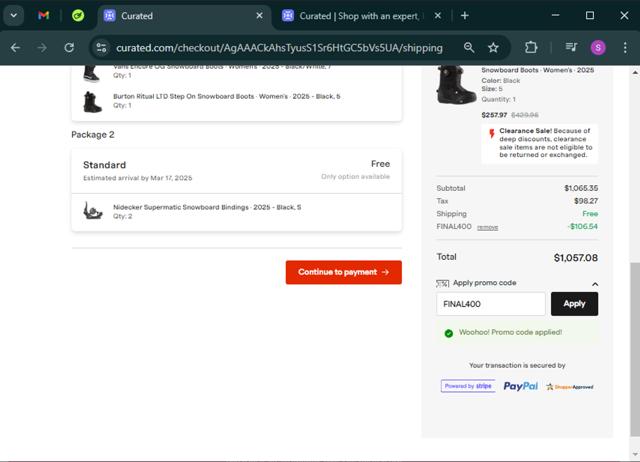 Curated checkout page showing Curated promo code box | Screenshot taken by SimplyCodes community member on Mar 5, 2025