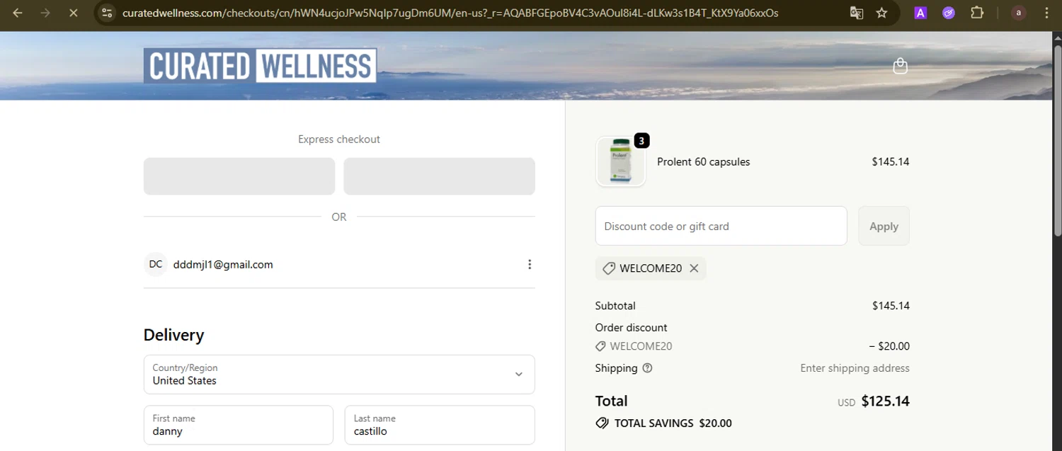 Curated Wellness discount code screenshot showing code WELCOME20 applied at Curated Wellness checkout page. Uploaded by SimplyCodes community member GoldCurator1773 on Nov 4, 2025
