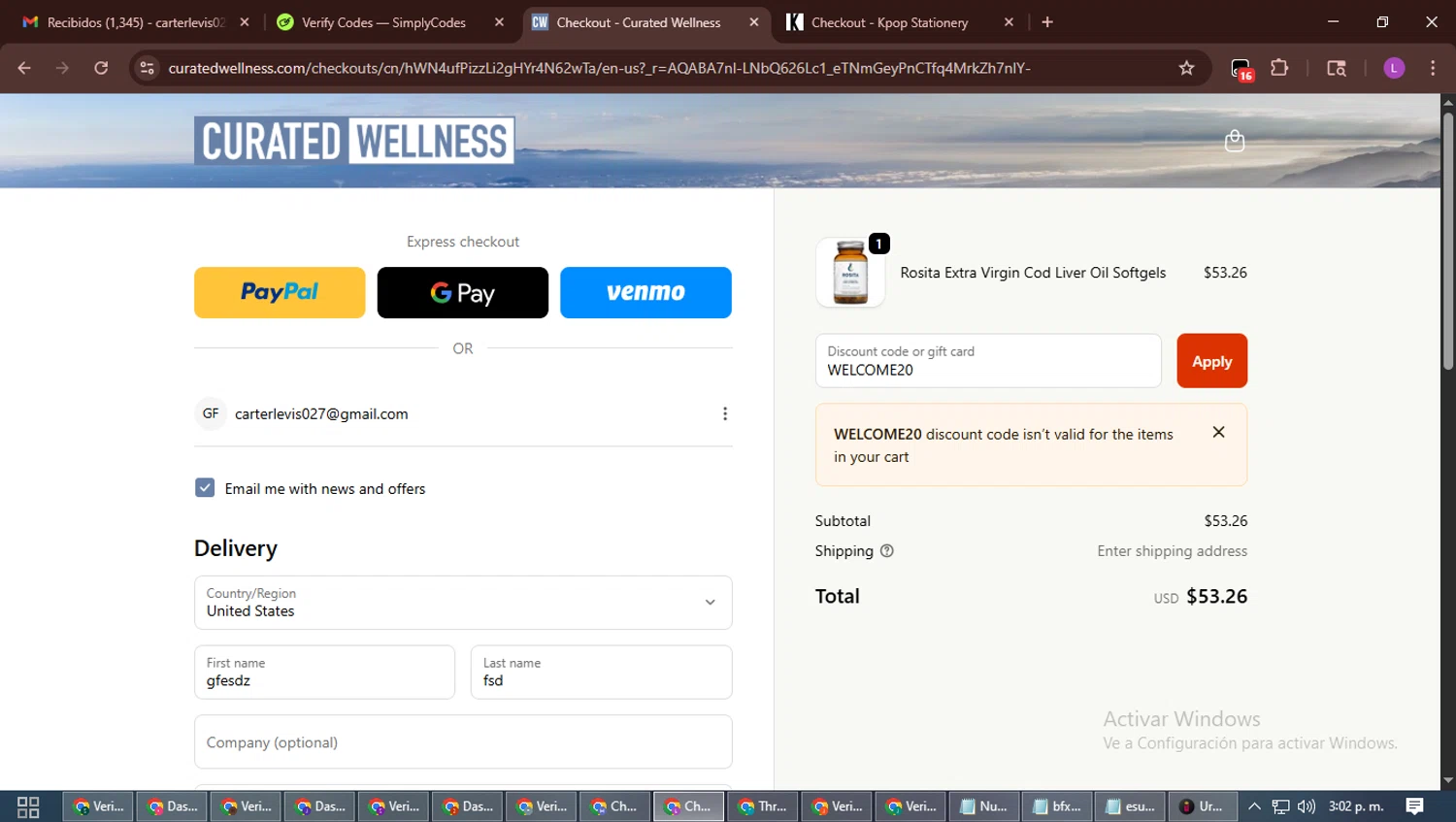 Curated Wellness discount code screenshot showing code WELCOME20 applied at Curated Wellness checkout page. Uploaded by SimplyCodes community member RewardScout5160 on Nov 4, 2025