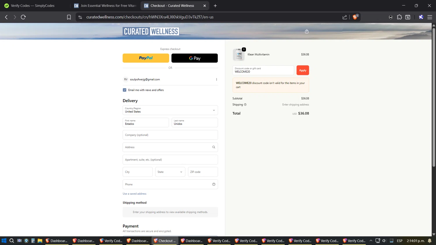 Curated Wellness discount code screenshot showing code WELCOME20 applied at Curated Wellness checkout page. Uploaded by SimplyCodes community member SoulPower on Sep 29, 2025