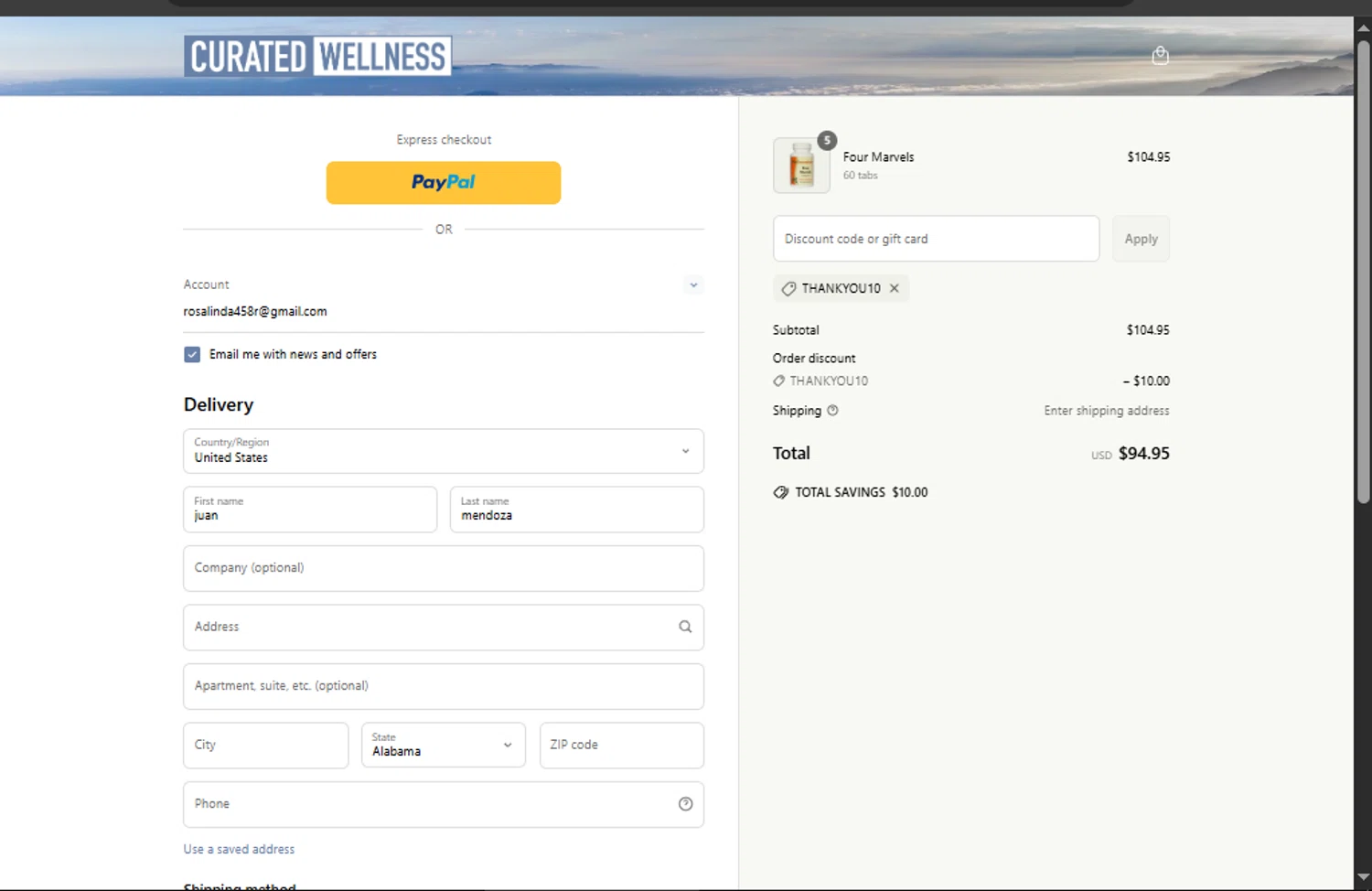 Curated Wellness discount code screenshot showing code THANKYOU10 applied at Curated Wellness checkout page. Uploaded by SimplyCodes community member PennyMaverick730 on May 1, 2025