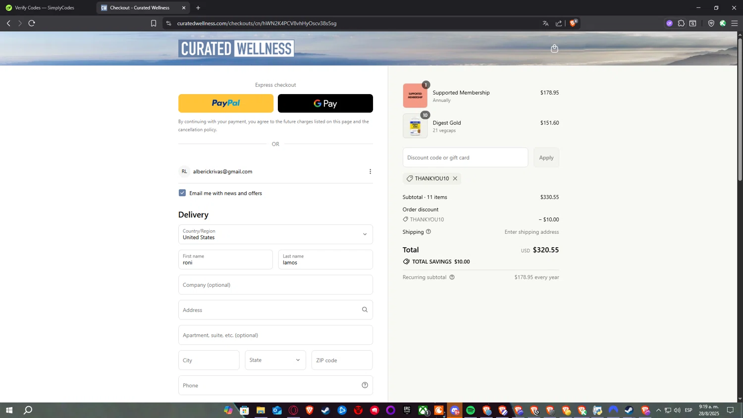Curated Wellness discount code screenshot showing code THANKYOU10 applied at Curated Wellness checkout page. Uploaded by SimplyCodes community member Nulo0000 on Aug 28, 2025