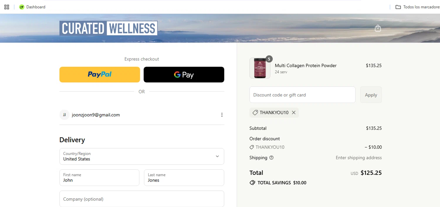 Curated Wellness discount code screenshot showing code THANKYOU10 applied at Curated Wellness checkout page. Uploaded by SimplyCodes community member Speedy on Aug 28, 2025