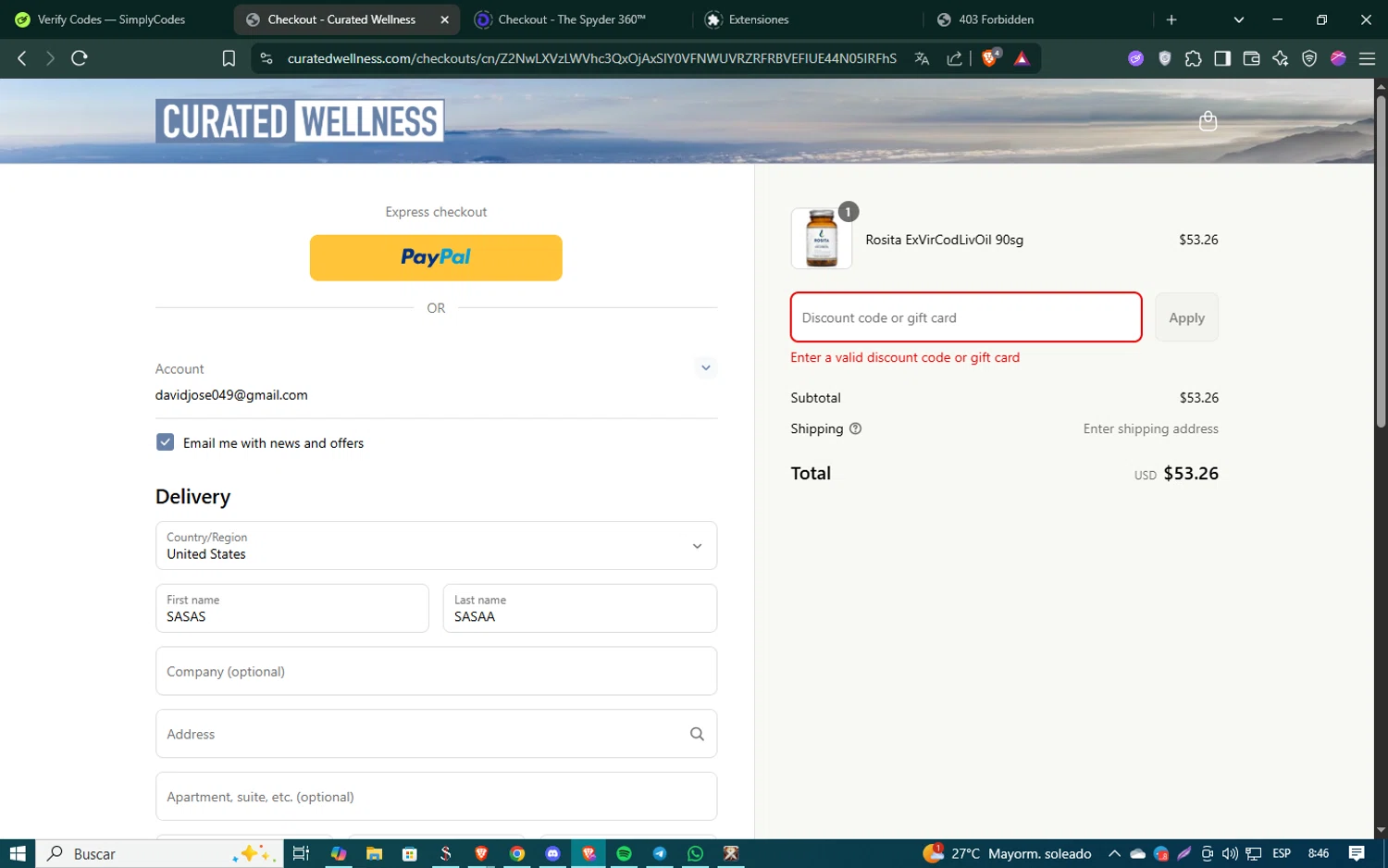 Curated Wellness discount code screenshot showing code CARE10 applied at Curated Wellness checkout page. Uploaded by SimplyCodes community member SmartSaver5448 on May 13, 2025