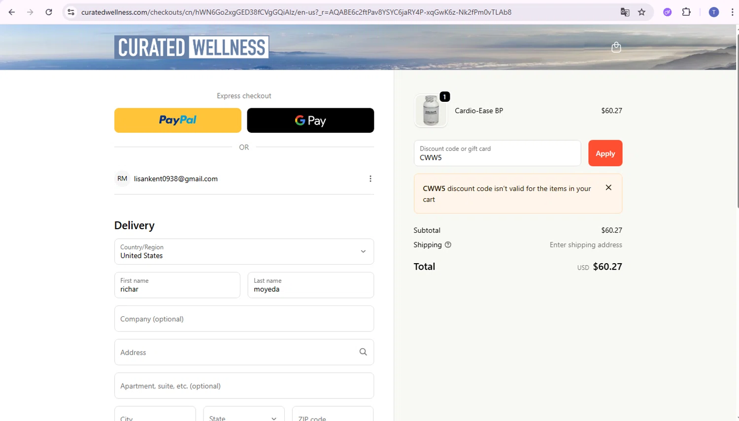 Curated Wellness checkout page showing Curated Wellness discount code box | Screenshot taken by SimplyCodes community member on Dec 10, 2025