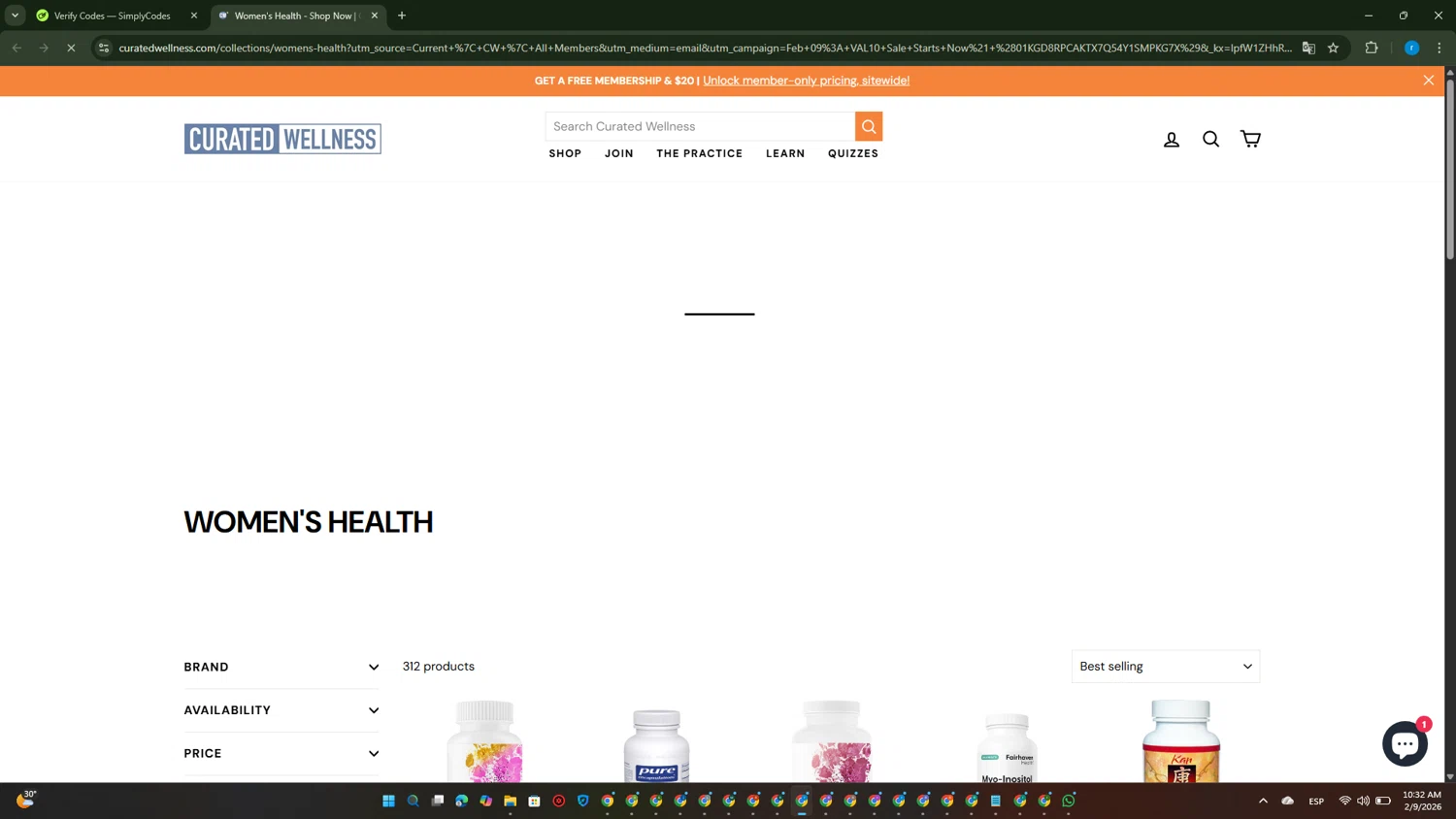 Curated Wellness discount code screenshot showing code VAL10 applied at Curated Wellness checkout page. Uploaded by SimplyCodes community member RewardVoyager146 on Feb 9, 2026