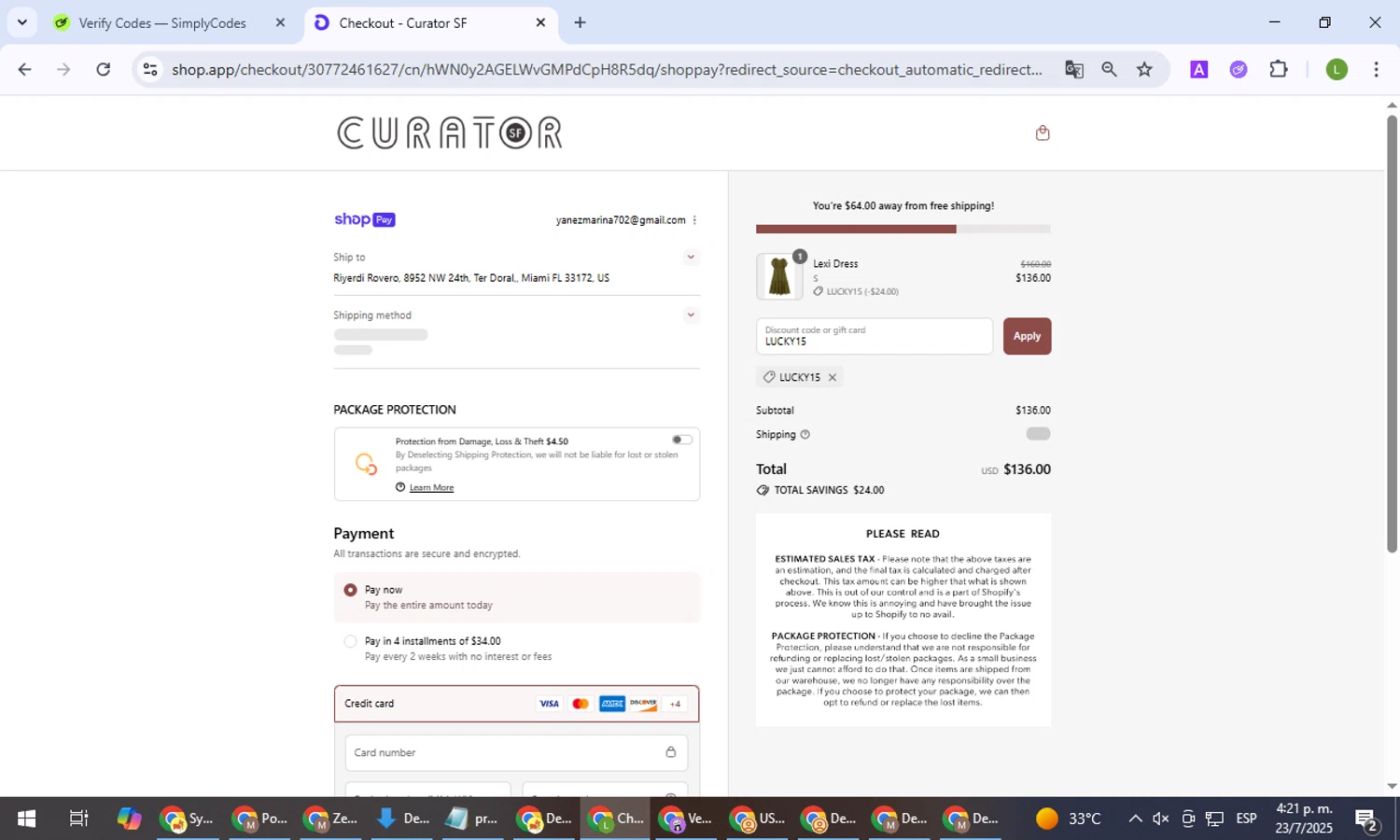 Curator promo code screenshot showing code LUCKY15 applied at Curator checkout page. Uploaded by SimplyCodes community member BargainEagle9039 on Jul 23, 2025
