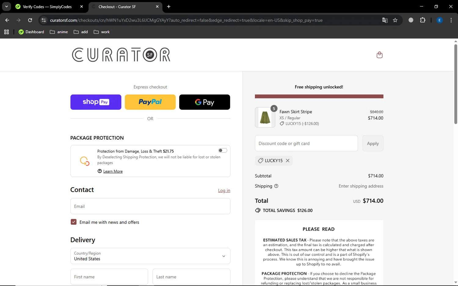 Curator promo code screenshot showing code LUCKY15 applied at Curator checkout page. Uploaded by SimplyCodes community member MoneyGenius452 on Aug 17, 2025
