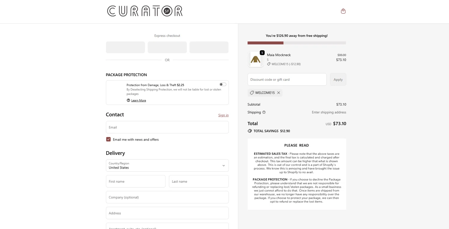 Curator promo code screenshot showing code WELCOME15 applied at Curator checkout page. Uploaded by SimplyCodes community member VoucherLynx1047 on Sep 25, 2025