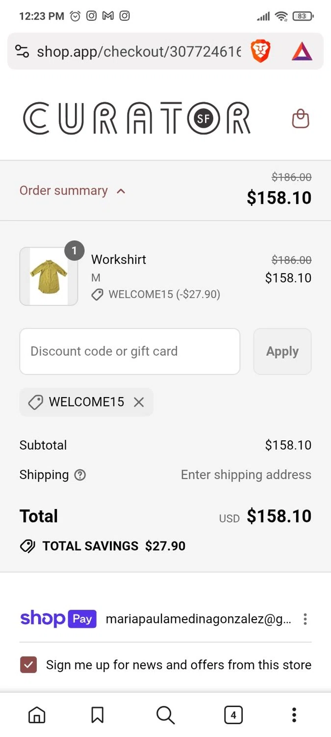 Curator promo code screenshot showing code WELCOME15 applied at Curator checkout page. Uploaded by SimplyCodes community member Yarialmys2020 on Aug 13, 2025