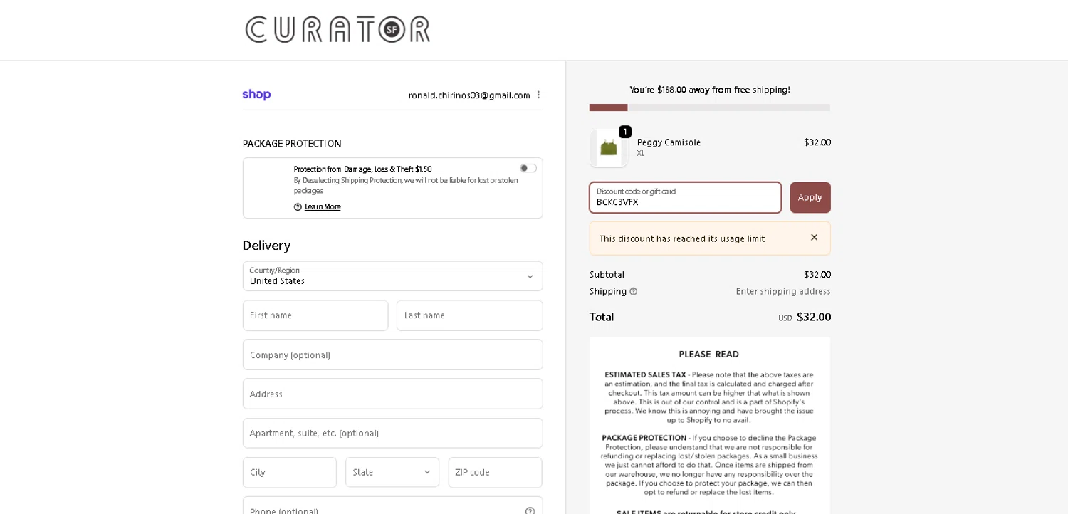 Curator promo code screenshot showing code BCKC3VFX applied at Curator checkout page. Uploaded by SimplyCodes community member GoldAce6962 on Dec 29, 2025