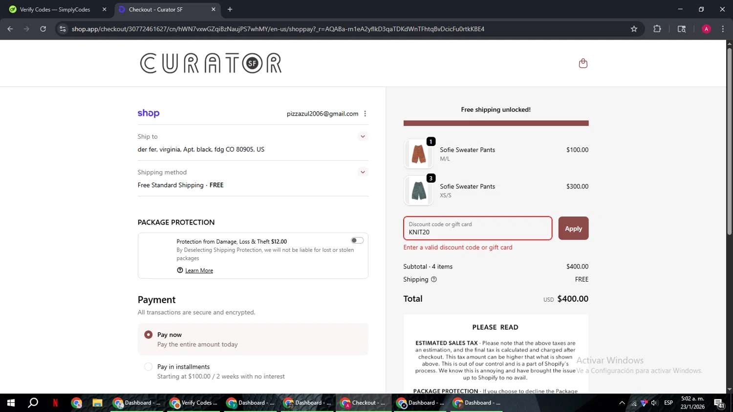Curator promo code screenshot showing code KNIT20 applied at Curator checkout page. Uploaded by SimplyCodes community member BMWGS1200 on Jan 23, 2026