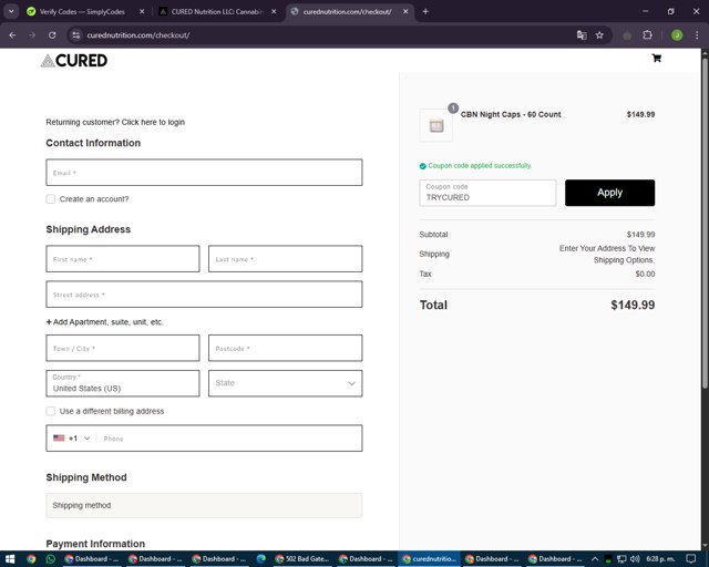Cured Nutrition checkout page showing Cured Nutrition coupon code box | Screenshot taken by SimplyCodes community member on May 15, 2025