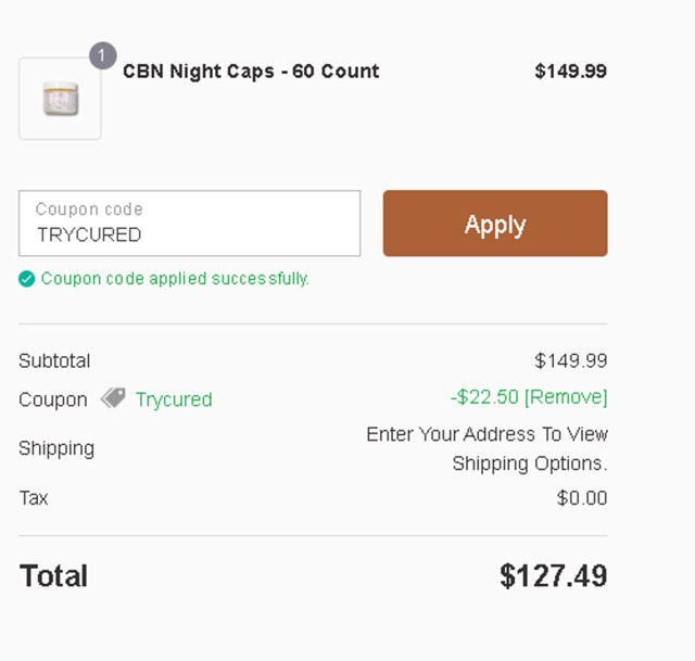 Cured Nutrition checkout page showing Cured Nutrition coupon code box | Screenshot taken by SimplyCodes community member on Jun 13, 2025